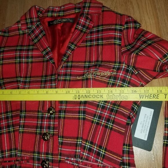 Rare Ed Hardy Skull and Roses old school Red Plaid short jacket/Blazer red small - Picture 9 of 16